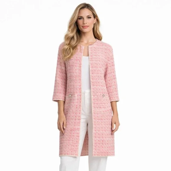 St John Jacket M Pink Tweed Knit Cardigan Duster Long Blazer Wool Blend Sweater - Picture 2 of 13
